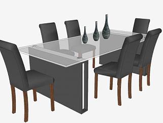 现代玻璃长方形餐桌椅家具SU模型下载_sketchup草图...