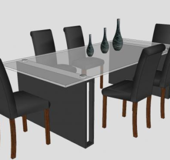 现代玻璃长方形餐桌椅家具SU模型下载_sketchup草图大师SKP模型