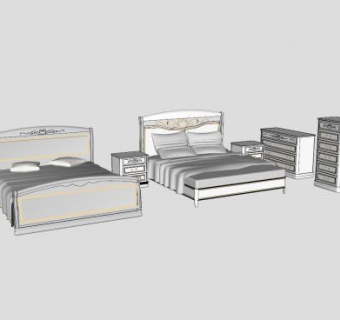 欧式白色双人床床头柜SU模型下载_sketchup草图大师SKP模型