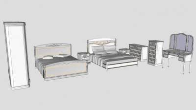 欧式白色双人床床头柜SU模型下载_sketchup草图大师SKP模型