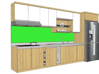 木色调的厨房橱柜冰箱厨具SU模型下载_sketchup草图大师SKP模型
