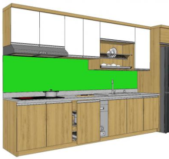 木色调的厨房橱柜冰箱厨具SU模型下载_sketchup草图大师SKP模型