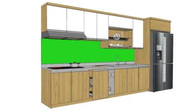 木色调的厨房橱柜冰箱厨具SU模型下载_sketchup草图大师SKP模型