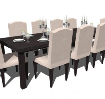 长方形餐桌椅10人座位SU模型下载_sketchup草图大师SKP模型