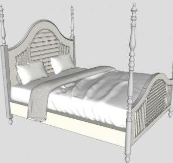 欧式白色四柱双人床SU模型下载_sketchup草图大师SKP模型
