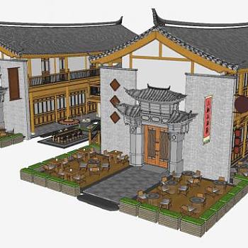 中式民宿酒店古建筑SU模型下载_sketchup草图大师SKP模型