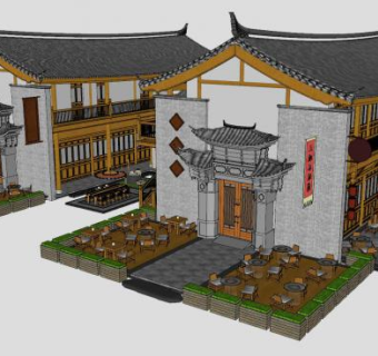 中式民宿酒店古建筑SU模型下载_sketchup草图大师SKP模型