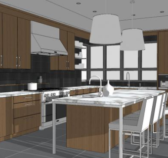 现代暖色系厨房吧台SU模型下载_sketchup草图大师SKP模型