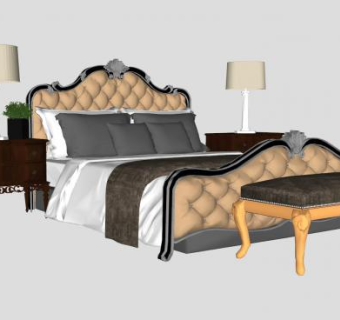 欧式双人床铺床头柜和台灯SU模型下载_sketchup草图大师SKP模型