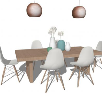 简约木制餐桌椅吊灯SU模型下载_sketchup草图大师SKP模型