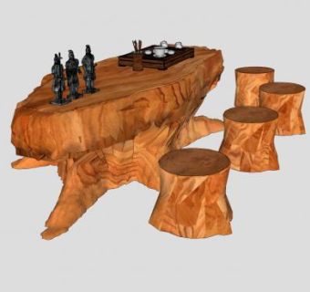 中式茶桌茶具茶杯和兵马俑SU模型下载_sketchup草图大师SKP模型