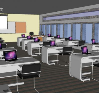 电教室学校桌椅和投影幕布SU模型下载_sketchup草图大师SKP模型