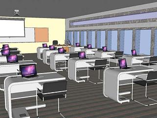电教室学校桌椅和投影幕布SU模型下载_sketchup草图大师SKP模型