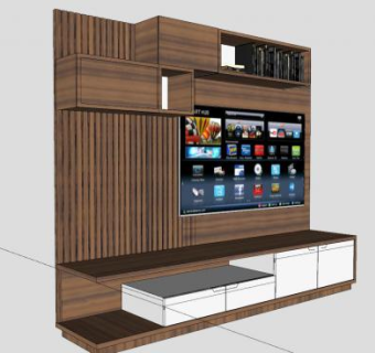 木制电视柜背景墙电视机SU模型下载_sketchup草图大师SKP模型