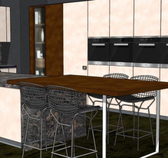 开放式厨房橱柜吧台桌椅SU模型下载_sketchup草图大师SKP模型