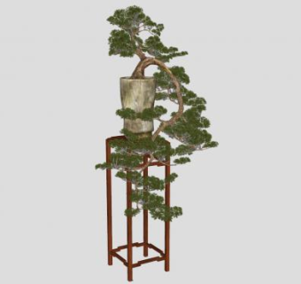 木制花架和中式室内盆景植物SU模型下载_sketchup草图大师SKP模型