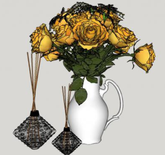 黄色玫瑰花瓶子装饰SU模型下载_sketchup草图大师SKP模型
