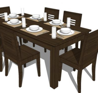 木质餐桌椅餐具SU模型下载_sketchup草图大师SKP模型
