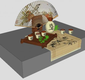 日式茶具清酒扇子摆件SU模型下载_sketchup草图大师SKP模型