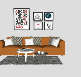 橘色三人座沙发照片墙组合SU模型下载_sketchup草图大师SKP模型