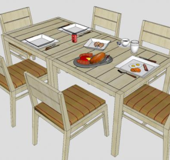 木质餐桌椅食物SU模型下载_sketchup草图大师SKP模型