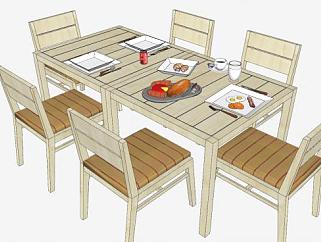 木质餐桌椅食物SU模型下载_sketchup草图大师SKP模型