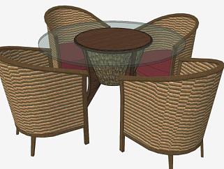 玻璃咖啡桌藤椅扶手座位SU模型下载_sketchup草图大师SKP模型