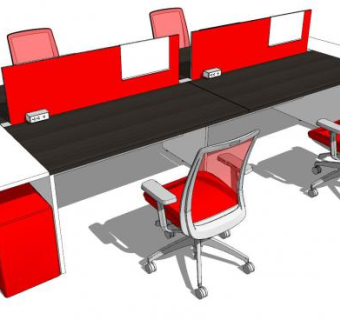 公司职员红色办公桌椅SU模型下载_sketchup草图大师SKP模型