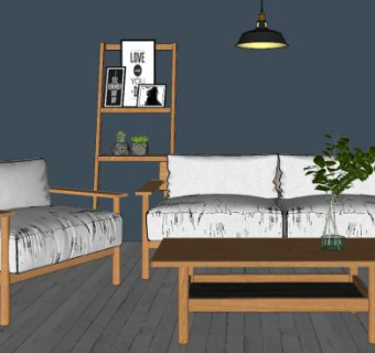 木沙发茶几画架SU模型下载_sketchup草图大师SKP模型