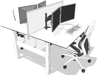 办公桌配有隔板屏风双人桌椅SU模型下载_sketchup草图大师SKP模型