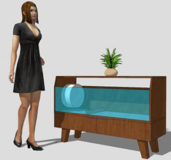 3D美女和边桌鱼缸柜SU模型下载_sketchup草图大师SKP模型