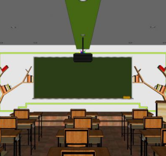 学校教室室内书架课桌SU模型下载_sketchup草图大师SKP模型