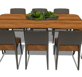 8人座木质餐桌椅家具SU模型下载_sketchup草图大师SKP模型