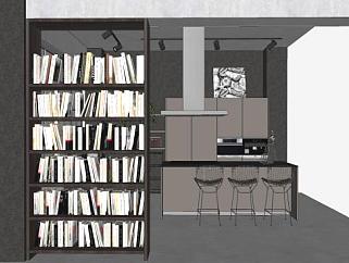 厨房橱柜吧台和书架空间SU模型下载_sketchup草图大师SKP模型