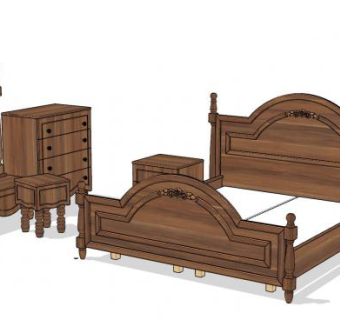 实木床铺梳妆镜SU模型下载_sketchup草图大师SKP模型