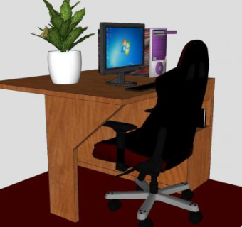 木制电脑桌椅花盆和电脑SU模型下载_sketchup草图大师SKP模型