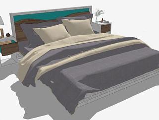 双人床带床头柜SU模型下载_sketchup草图大师SKP模型
