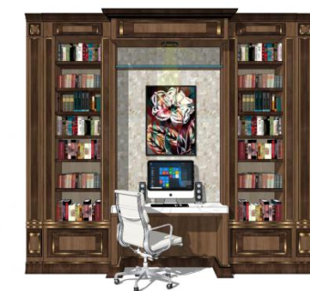 欧式豪华书柜电脑桌组合SU模型下载_sketchup草图大师SKP模型