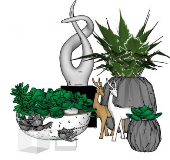 多肉植物和小鹿抽象雕塑小品SU模型下载_sketchup草图大师SKP模型