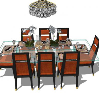 8人座玻璃餐桌椅SU模型下载_sketchup草图大师SKP模型