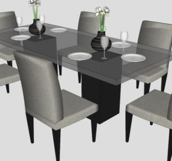 6人座餐桌椅家具SU模型下载_sketchup草图大师SKP模型