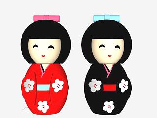 日本陶瓷娃娃和服玩偶装饰品SU模型下载_sketchup草图大师SKP模型