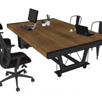 木结构办公桌电脑SU模型下载_sketchup草图大师SKP模型