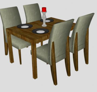木质长方形餐桌椅SU模型下载_sketchup草图大师SKP模型