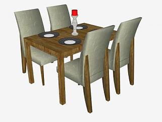 木质长方形餐桌椅SU模型下载_sketchup草图大师SKP模型