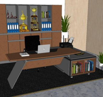 大班台办公桌书柜SU模型下载_sketchup草图大师SKP模型