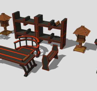 汉唐风格中式家具案台桌子书架SU模型下载_sketchup草图大师SKP模型