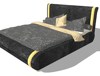 现代黑色双人床床铺SU模型下载_sketchup草图大师SKP模型