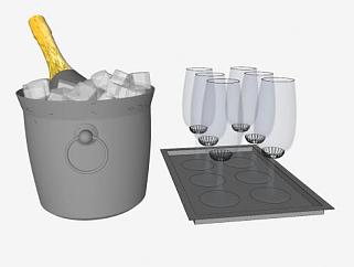 香槟冰块桶和高脚杯SU模型下载_sketchup草图大师SKP模型