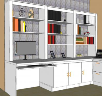 电脑桌一体式书柜组合柜SU模型下载_sketchup草图大师SKP模型